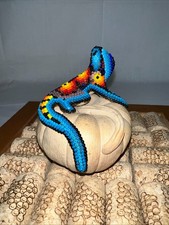 Vintage 3.5" Huichol Lizard Hand Beaded Iguana Sculpture on Ceramic Pumpkin