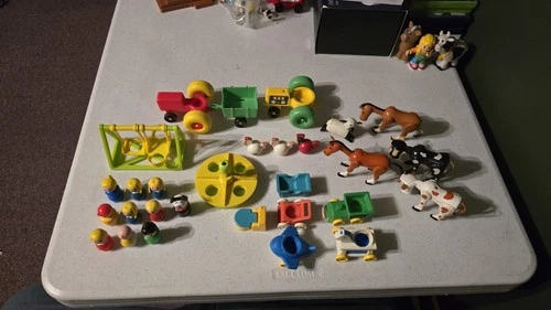Vintage Little People Figure And Vehichle Lot 28 pieces, Barn, wood & plastic