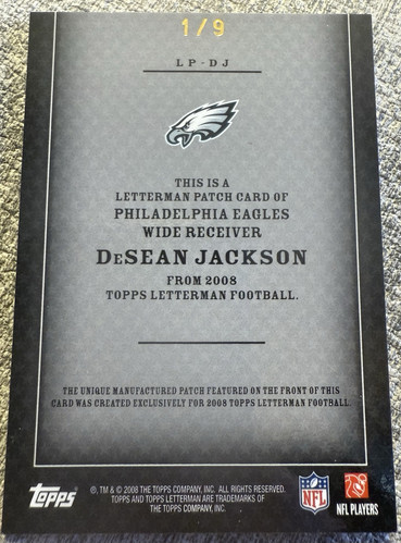 2008 Topps Letterman DeSean Jackson 1/9 “S” - Picture 2 of 3
