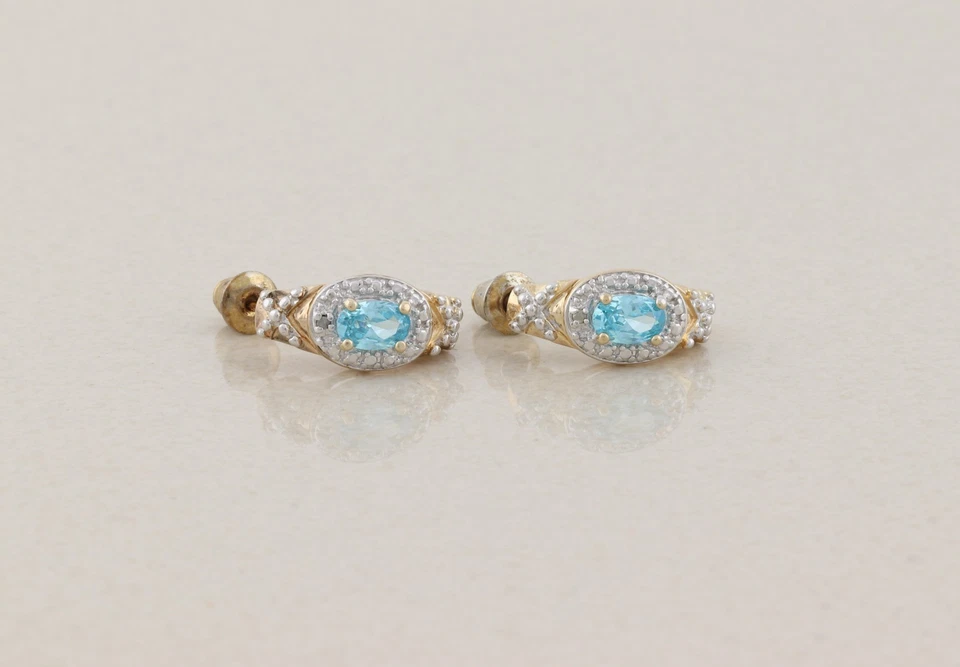 Серьги-кольца из 18-каратного золота и чистого серебра с синими фианитами 5/8 дюйма x 1/4 дюйма - Изображение 2 из 4