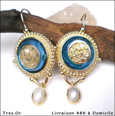 Boucles d'Oreille STYLE ART DÉCO ZIRCON BLEU OR PERLE NACRÉE Livré 48H àDomicile - Photo 1/4