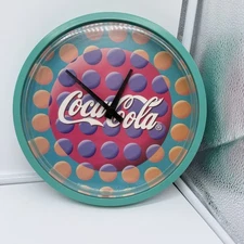 VTG 1995 Coca-Cola Wall Clock Colorful Polka Dot Retro Quartz Quartex Works