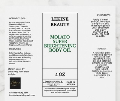 Lekine Beauty Super Brightening All Natural Massage Oil 4 oz with Premium Oils
