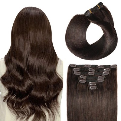 Echthaar-Clip-In-Extensions, 7 Stück, 20 Zoll, Doppelt Genäht, 80 g, Dunkelbraun