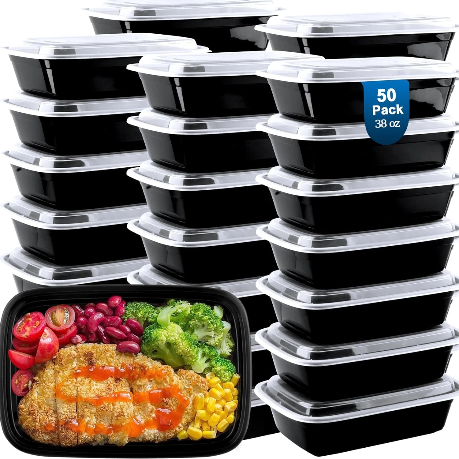 50 Pack Meal Prep To Go Food Containers 38 Oz, Leakproof , Disposable & Reusable