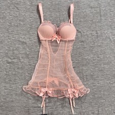 Victoria s Secret Rhinestone Ruffle Mesh Babydoll Garter Lingerie Slip Dress 34B