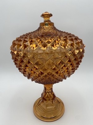 Westmoreland Diamond Point Amber Glass Lidded Pedestal Compote Bowl w/ Lid