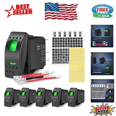 Waterproof Rocker Switches - 12V/24V Green LED Toggle Switches (6-Count)
