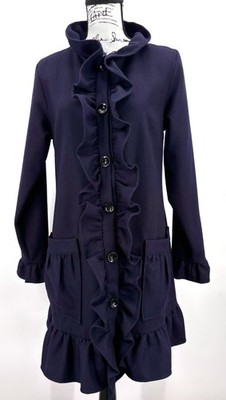 Shumaq Wool Coat Size 6 Navy Ruffle Front Romantic Victorian Prairie Made Peru