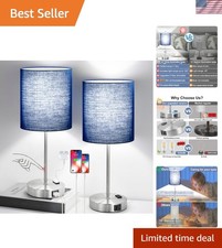 Set of 2 Navy  Brushed Nickel Dimmable Touch Table Lamps with USB  AC Outlets