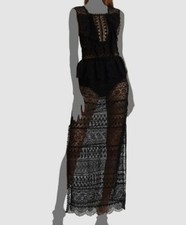 $1195 Ulla Johnson Women's Black Lilia Sheer Lace Ruffled Maxi Dress Size 2