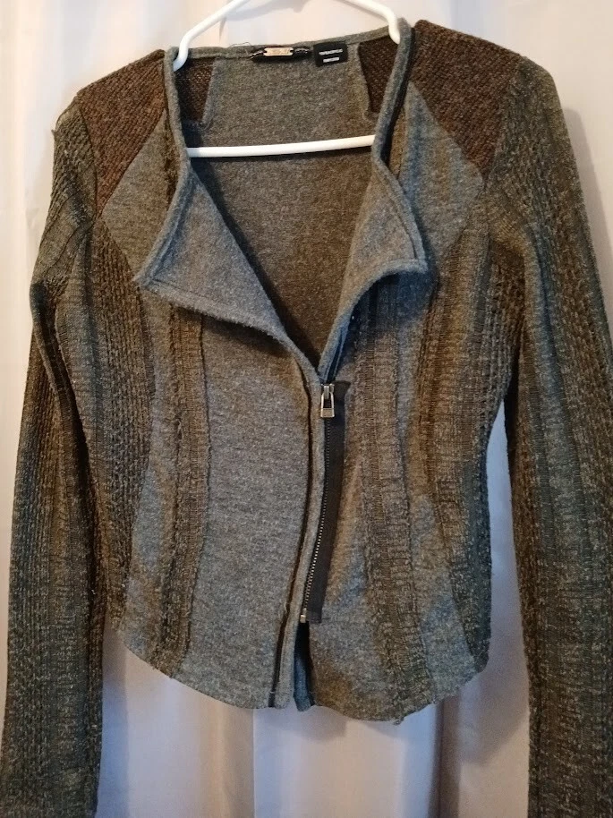 Cárdigan Suéter Mujer Miss Me Diseñador XS Gris Verde Marrón Crochet y Punto Cremallera Foto 2 de 4