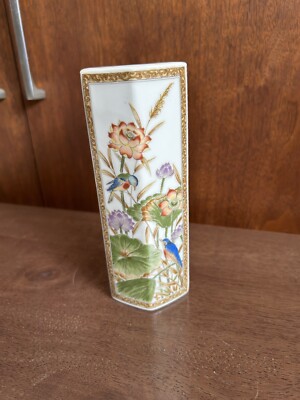 Vtg Fuji Kutani Hexagon Shape 6  Vase Flowers Birds Decorative Japan