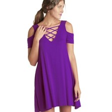 Purple Cold Shoulder Swing Dress with Pockets - LARGE - FINAL SALE
