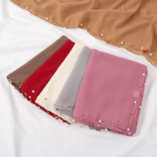 Women's Soft Chiffon Scarves Long Pearl Studded Solid Color Headscarf Head Wraps