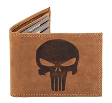 Cartera de cuero genuino Punisher Marvel Comics con logotipo de calavera en marrón doble pliegue