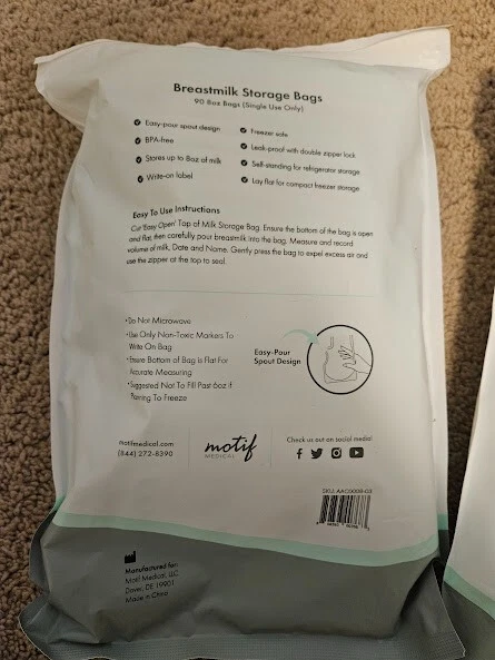 Motif Medical Milk Storage Bags 8 oz Freezer Bag with Easy Pour Spout 90 Count - Image 2 of 3