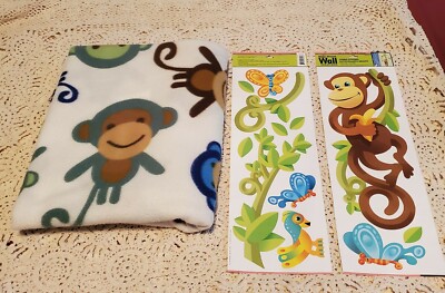 NURSERY Monkey Main Street Creations Removable Wall Stickers & 60''x48'' Blanket 