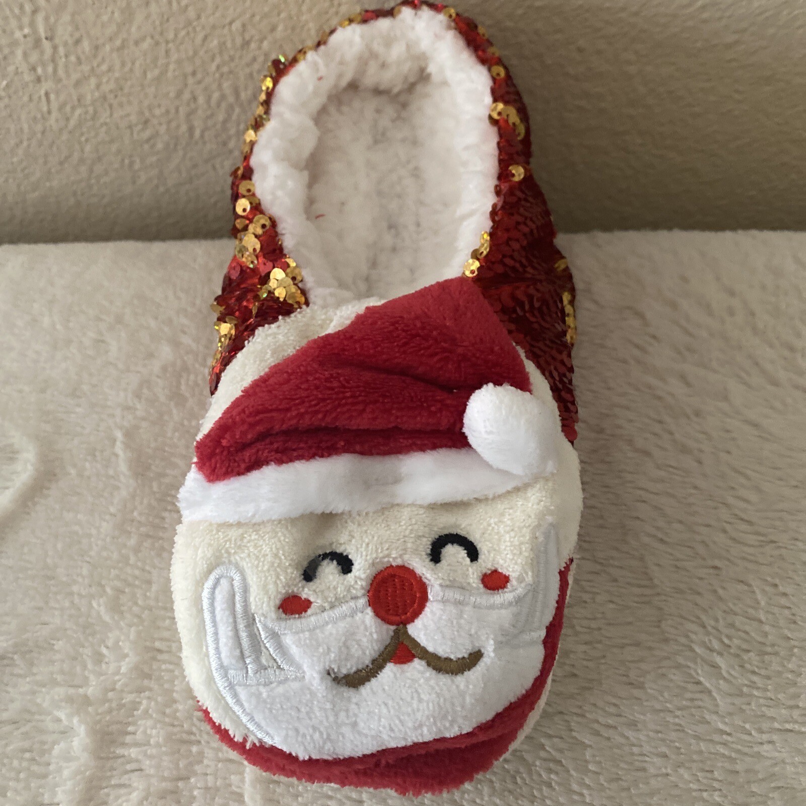 PANTOFOLA D’ORO NUOVE Pantofole da donna taglia 11 12 Babbo Natale pelliccia paillettes con suola con pinza