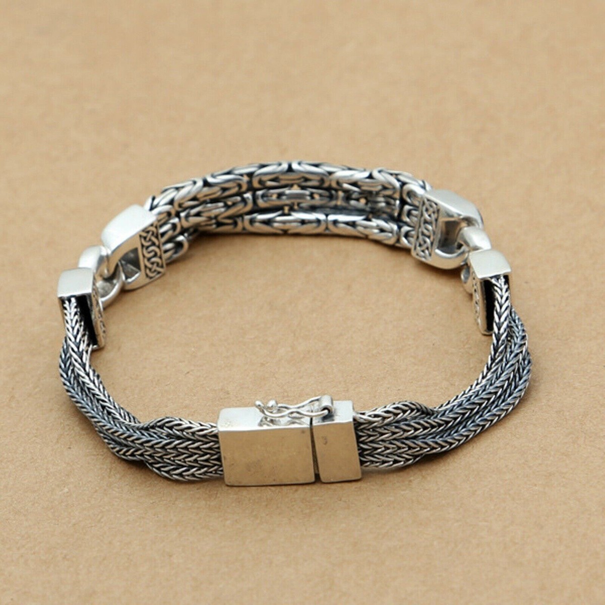 希少 CELT&COBRA 1st ブレスレット Argent Gleam Solid 925 Sterling Silver Men Wheat Foxtail Byzantine Link
