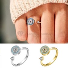 Women Men Adjustable Ring Round Blue CZ Evil Eye Anti-anxiety Fidget Spinner 1pc
