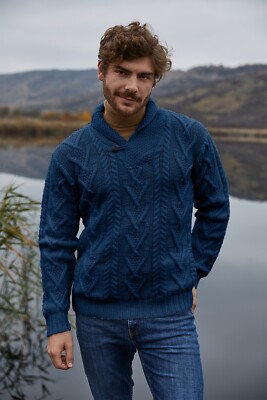 SAOL Aran 100% Merino Wool Irish Fisherman Sweater Men Cable Knit Shawl Pullover