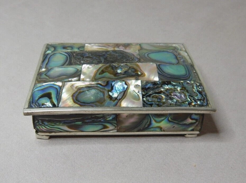 VINTAGE PAUA SHELL SILVERED MEXICAN TRINKET BOX eBay