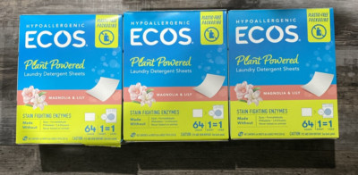 3pk ECOS Laundry Detergent Sheets Magnolia & Lily 64ct Plastic Free Packaging