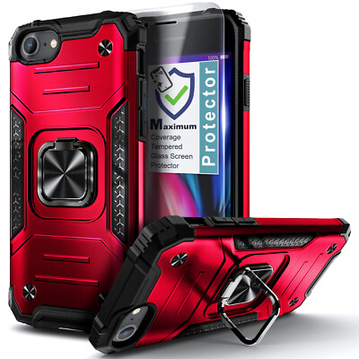 For iPhone 6 6S 7 8 Plus 11 12 Pro Max Case Armor Ring Cover with Tempered Glass