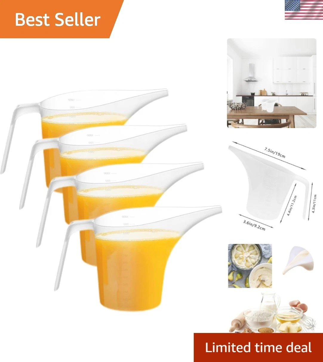 4 Pack Plastic Funnel Pitcher,Measuring Cup with Long Spout,Large Capacity Ea...