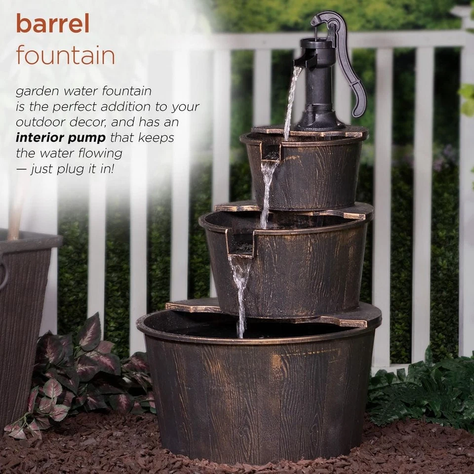 Alpine Corporation Waterfall Barrel Pump Fountain 3-Tier Plastic Rustic Brown - Image 4 of 4