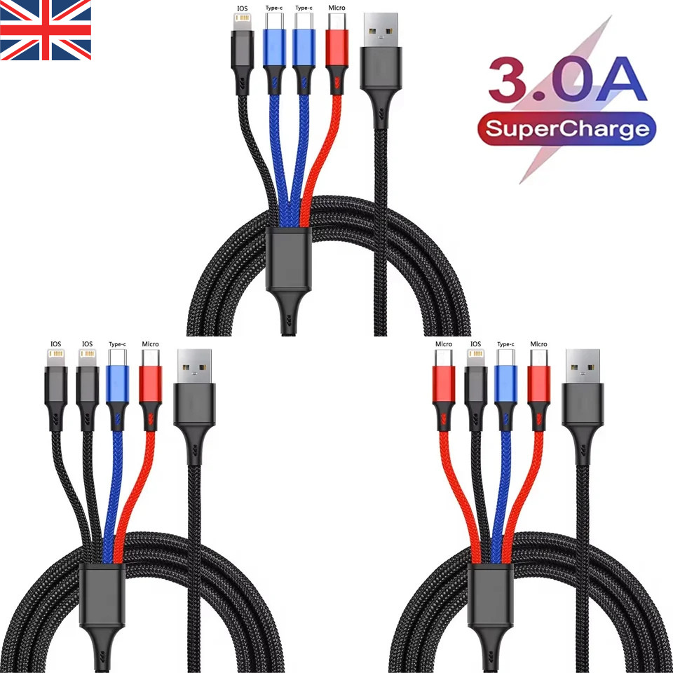 3 in 1 USB Fast Charger Cable Multi Charging Cord for iPhone Type C Micro 1.2m