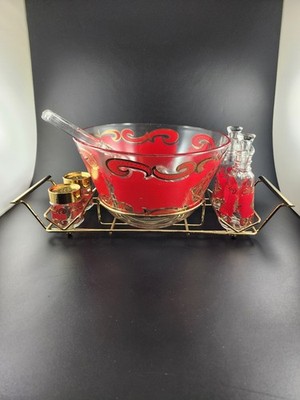 Starlyte Anchor Hocking Red Gold Salad N Spice Bowl Caddy 2 Shakers 2 Cruets   