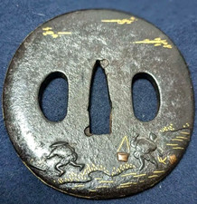 Antique Japanese Tsuba &ndash; Rice planting diagram &ndash; Samurai Sword Guard