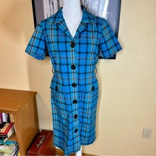 Vintage Pendleton Cotton Tartan Blue Plaid Button-Up Short Sleeve Dress