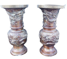 Pair of Meiji Chiseled Embossed Decor Bronze Vases