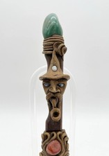 Vintage Folk Art Knife Carved Pipe Man Gemstone Handle Sheath Tramontina Brazil