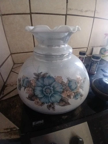 Gone with The Wind Milk Glass Hurricane Lamp Featuring A Blue Floral Design. New