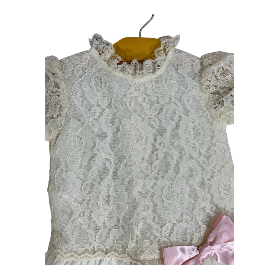 Vintage Winnie The Pooh Formal Party Dress Toddler 3T Ivory Cream Pink Bow Lace - Image 4 of 4