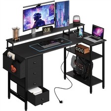 140cm L-shaped Computer Desk with Charging Station, Drawers, Monitor Stand Black