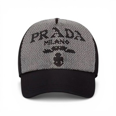 Prada Studded Re-Nylon Baseball Cap Black Crystal Logo Size L