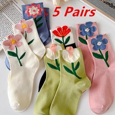 5 Pairs Lot Women Flower Socks Cotton Japanese Korean Style Cute White Black Pin