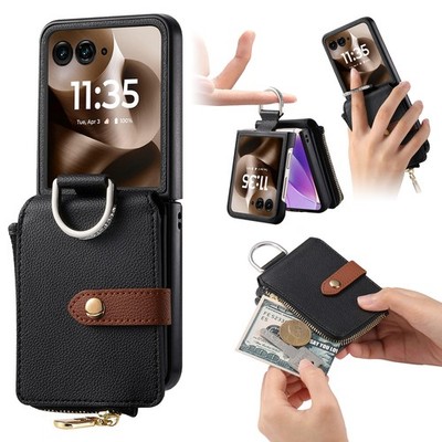 For Motorola Razr/Plus/Ultra 2025/2024/2023 Zipper Wallet Leather PC Ring Case 