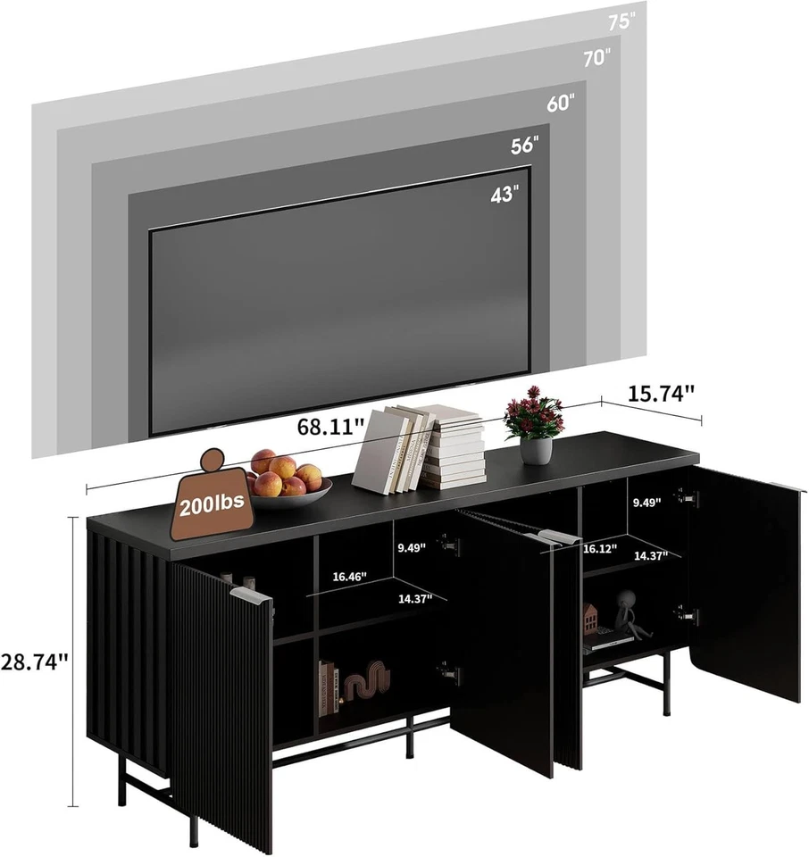 68" Fluted TV Stand With LED Light for 55-75" Entertainment Center Media Console — 第 3/4 张图片