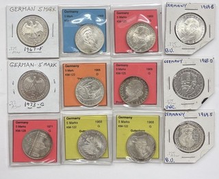 Germany 5 Mark Silver Coin Lot: Mixed 62% Silver Commem (1968 1973) 12 Coins