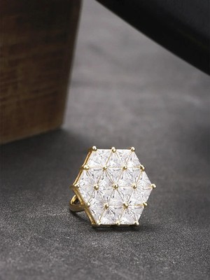 18K Yellow Gold Over Diamond Studded Adjustable Ring Geometric Pattern Women's
