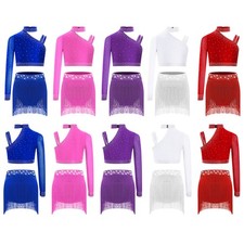 Kids Girls Dancewear Waistband Outfits Rhinestones Dress Shoulder Costume Dance
