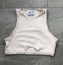 Adidas Trefoil Vest Womens Cream Ribbed Activewear Cropped Top Bra Size UK 14