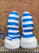 RARISSIMI GUANTI VINTAGE DA SCI INVICTA A RIGHE AZZURRE CON PELLICCIA TG SMALL 