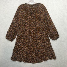 Old Navy M Short Chiffon Peasant Dress Black Gold Floral Trapeze Ruffle Red Tie